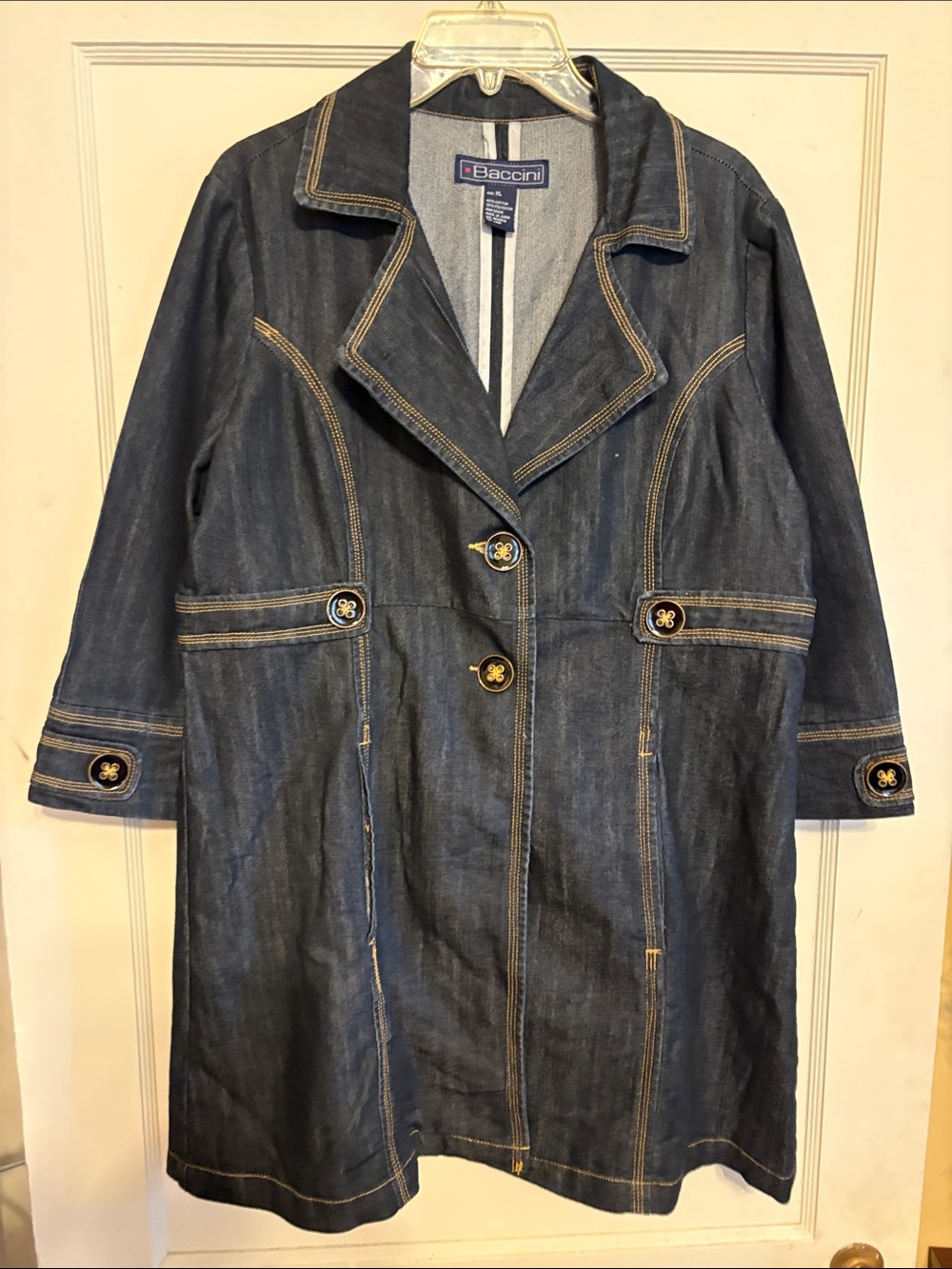 Baccini Women's Dark Denim Trench Coat - Navy with Gold Stitching
